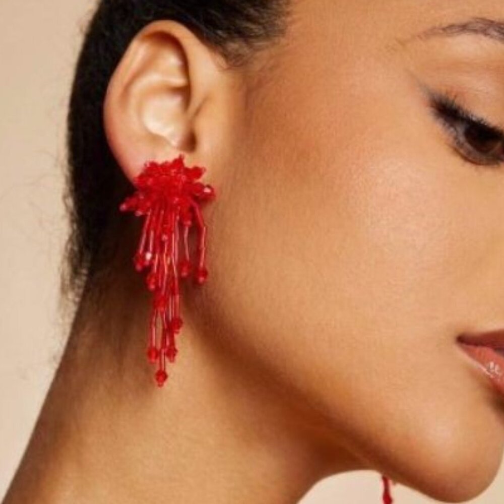 Anthropologie Red Glass Beads Flower Earrings